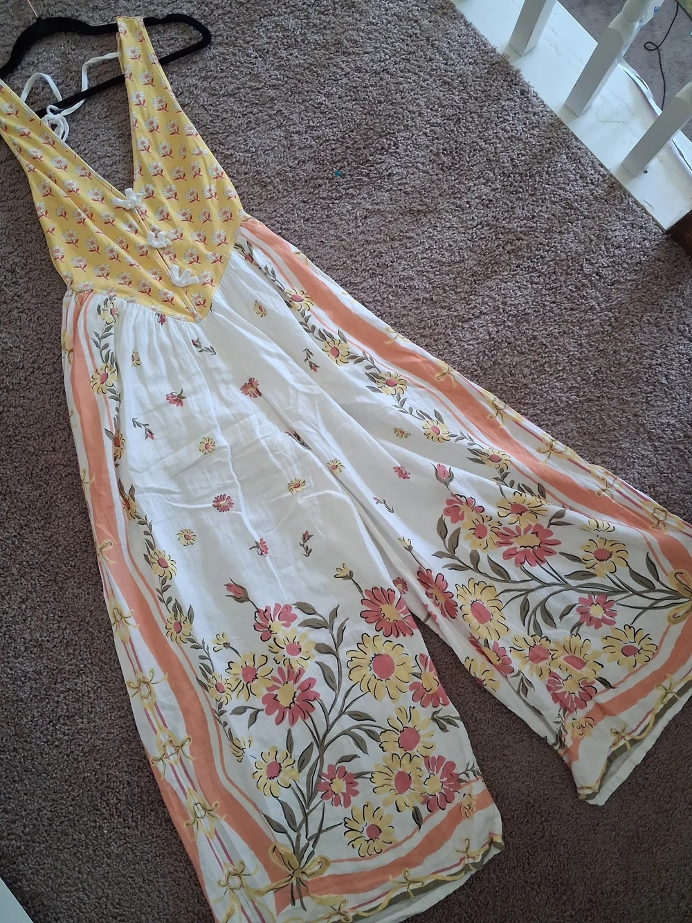 Free People Bali Honeydew Yellow and Cream Jumpsuit Romper Maxi